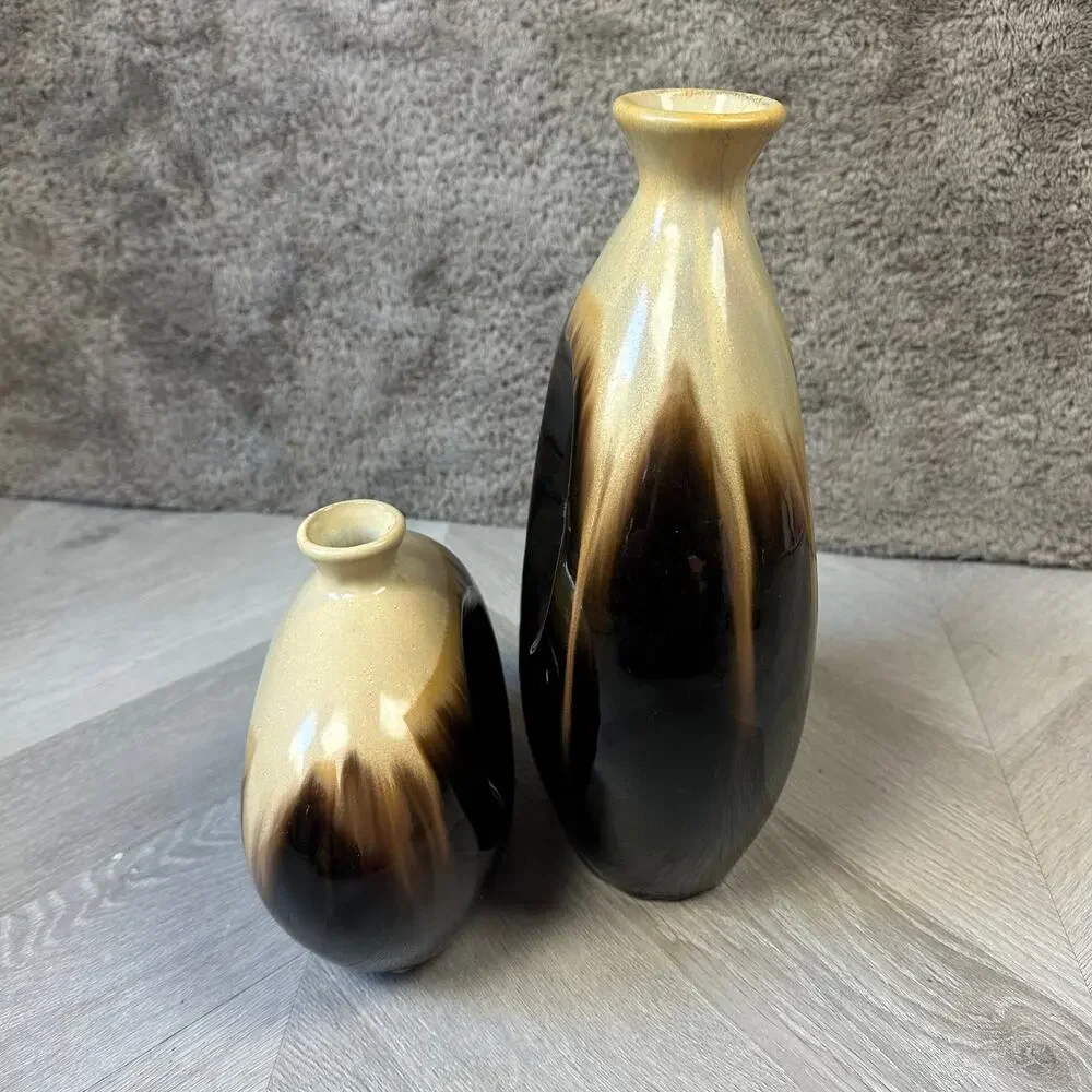Pair of 2 Vases MCM Mid Century Modern Ceramic Brown Tan Beige Oval Circle